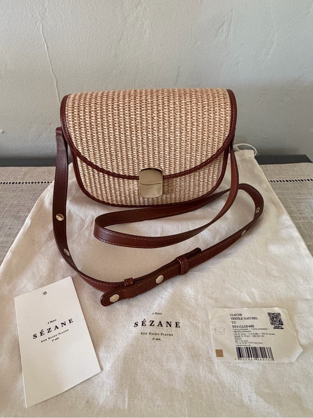 Sézane Claud Woven Straw and Brown Leather Bag